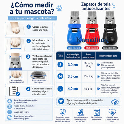 Guía de tallas de zapatos de tela antideslizantes para mascotas con medidas del ancho del pie, peso recomendado y razas sugeridas para perros pequeños y gatos.