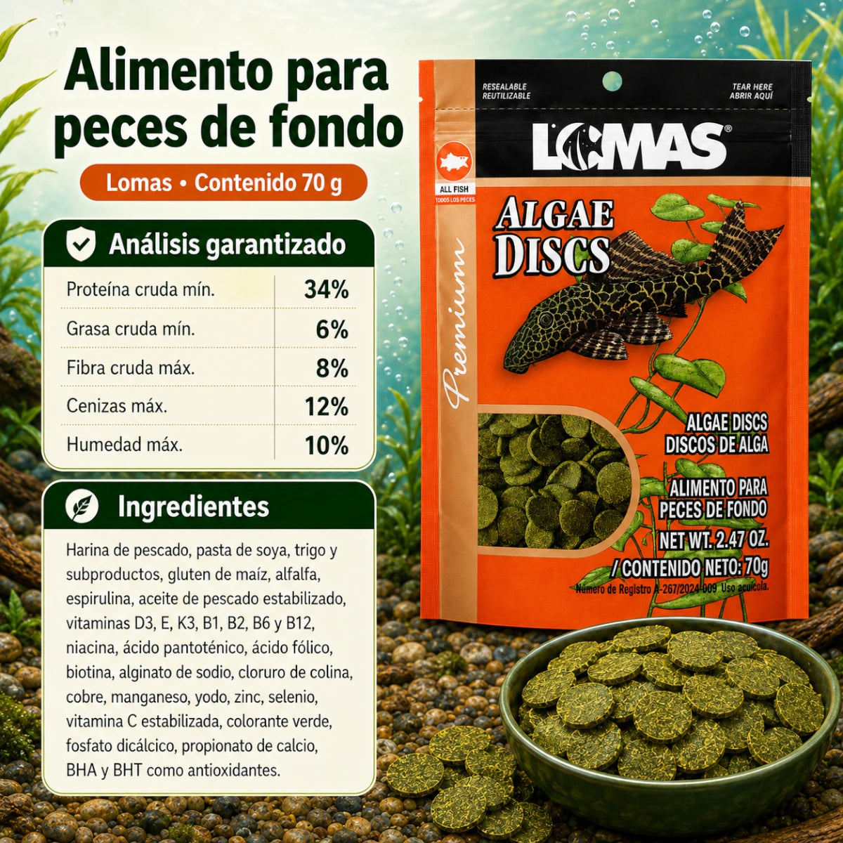Guía visual que muestra las especies ideales para este alimento: pleco enano, coridora pimienta, coridora albina, pez otto y caracoles cebra o manzana.