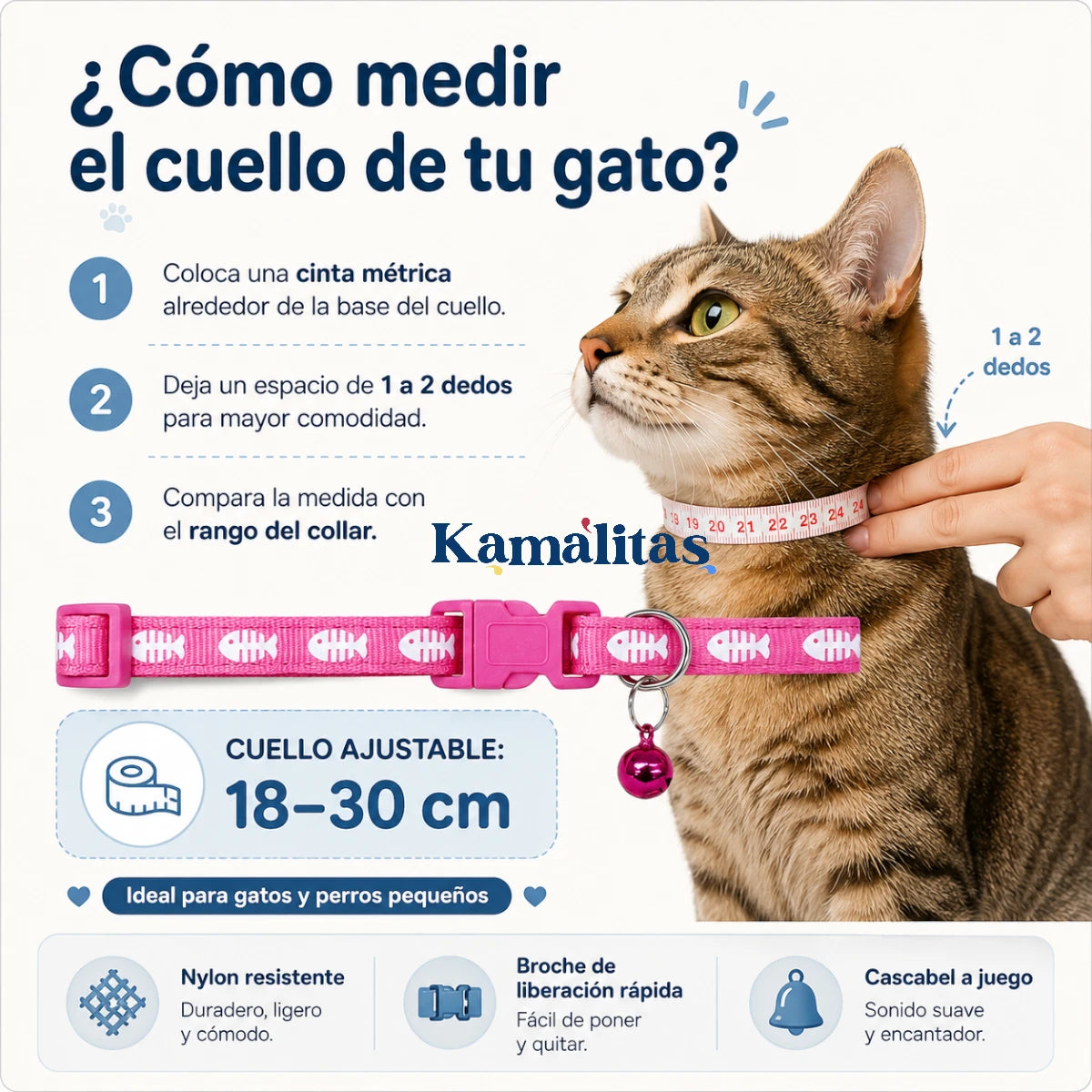 Guía para medir el cuello de tu gato y elegir collar ajustable con diseño de pescados, medida de 18 a 30 cm, ideal para gatos y perros pequeños, disponible en Kamalitas.