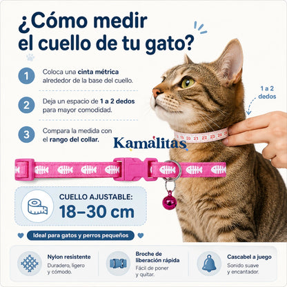 Guía para medir el cuello de tu gato y elegir collar ajustable con diseño de pescados, medida de 18 a 30 cm, ideal para gatos y perros pequeños, disponible en Kamalitas.