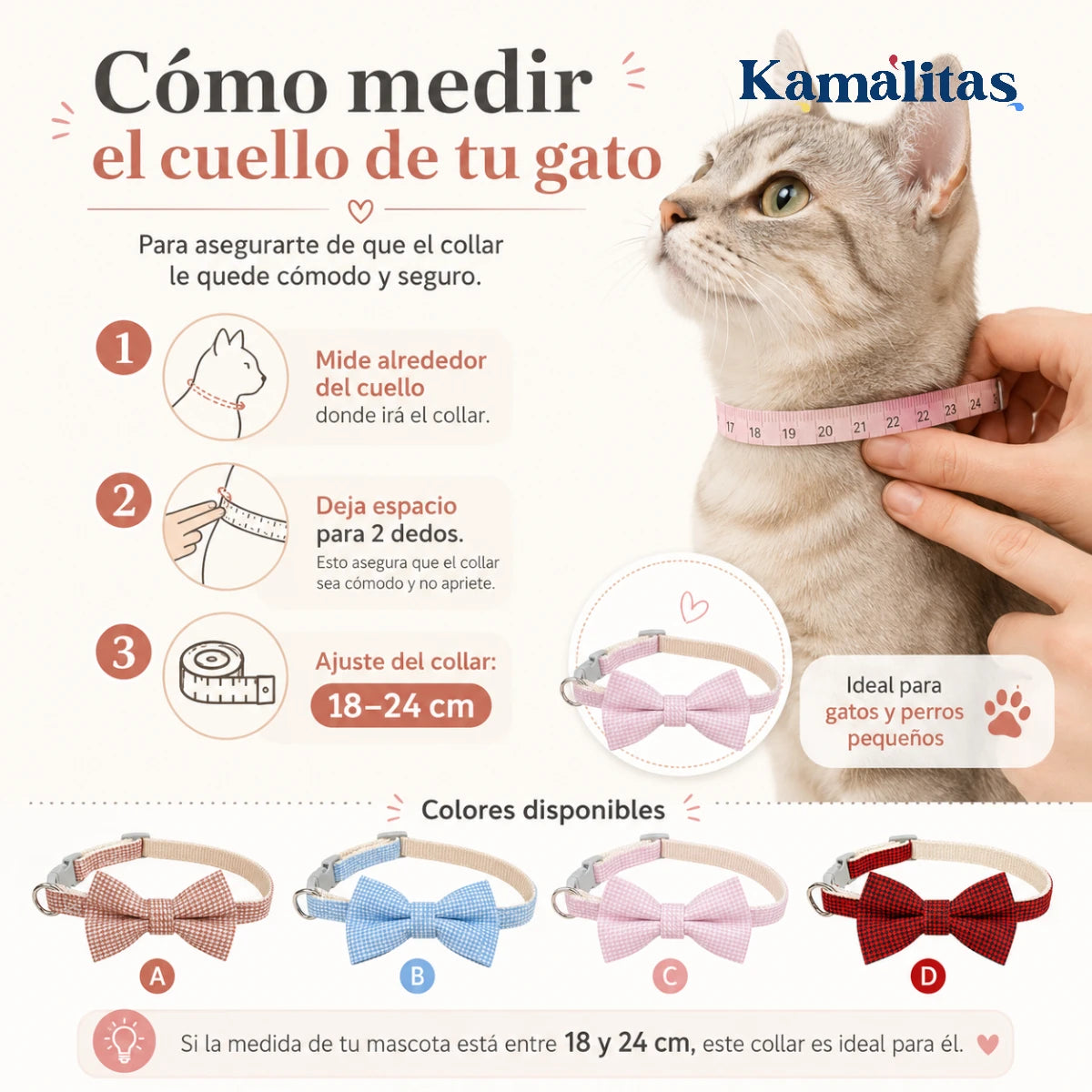Guía para medir el cuello de tu gato o perro pequeño y elegir collar con moño ajustable de 18 a 24 cm, disponible en Kamalitas.