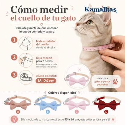 Guía para medir el cuello de tu gato o perro pequeño y elegir collar con moño ajustable de 18 a 24 cm, disponible en Kamalitas.