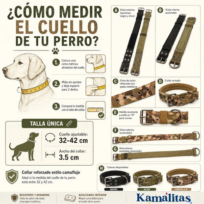 Guía para medir el cuello de tu perro y elegir la talla correcta del collar reforzado estilo camuflaje con medida de cuello de 32 a 42 cm.