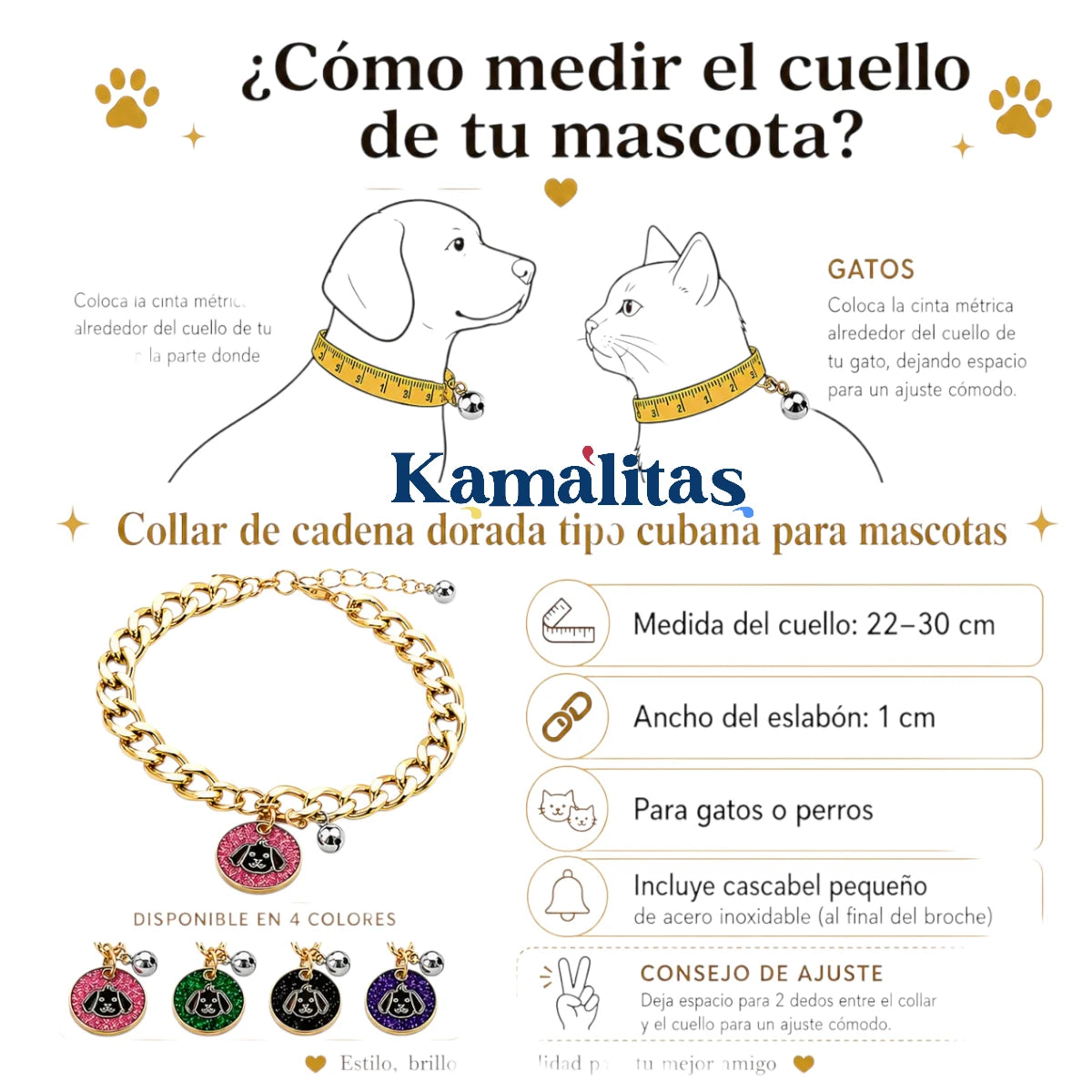 Guía para medir el cuello de tu mascota y elegir la talla correcta del collar de cadena cubana dorada para perros y gatos