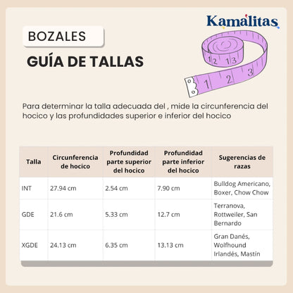 Tabla de guía de tallas de bozales Kamalitas para razas grandes y gigantes; detalla medidas de circunferencia y profundidad del hocico para tallas Intermedia, Grande y Extra Grande con sugerencias para Boxer, Rottweiler y Gran Danés.