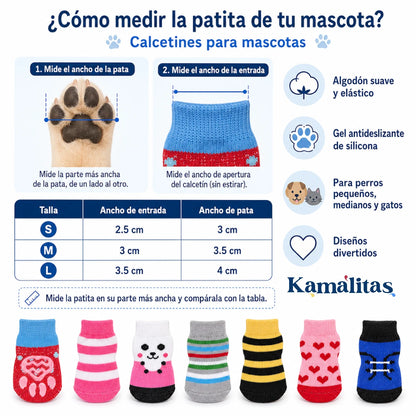 Infografía de guía de tallas para calcetines de mascotas, con medidas de ancho de pata y ancho de entrada para elegir talla S, M o L en perros y gatos