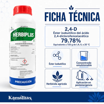 Ficha técnica de Herbiplus con 2,4-D éster isobutílico al 79.78 por ciento, equivalente a 720 gramos de ingrediente activo por litro