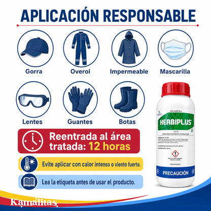 Equipo de protección recomendado para aplicar Herbiplus y tiempo de reentrada de 12 horas