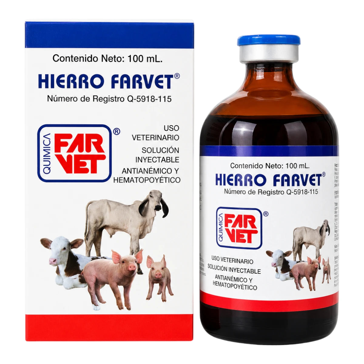 Envase grande de Hierro de Laboratorio Farvet de 100 mL, tratamiento antianémico inyectable para ganado bovino de carne y porcinos.
