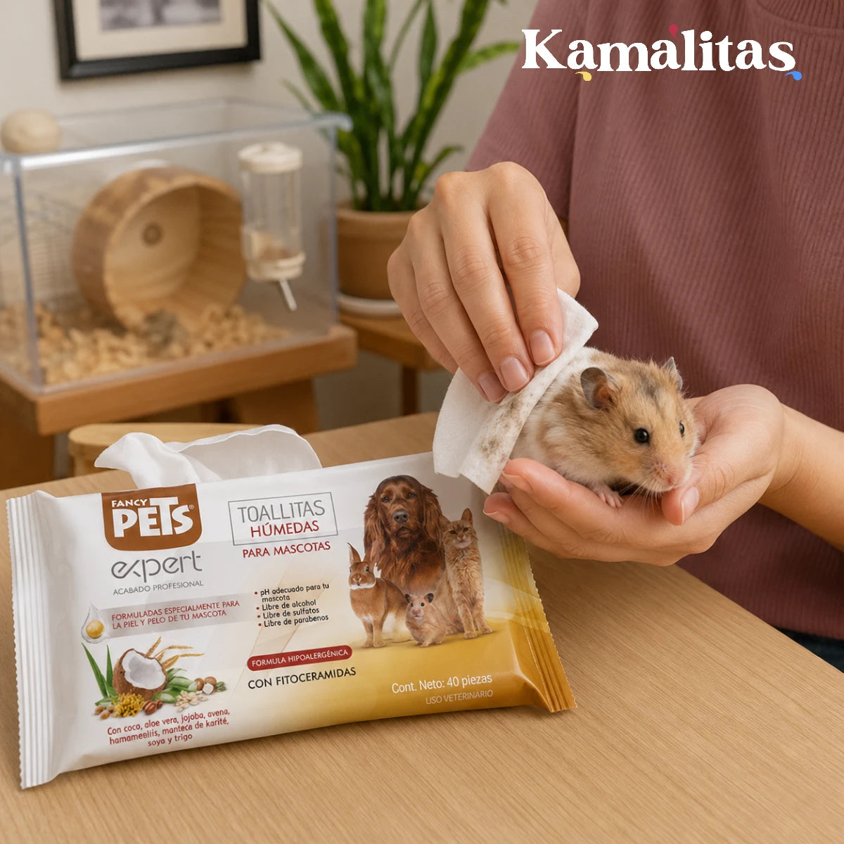 Manos sosteniendo a un pequeño hámster mientras se limpia su pelaje con una toallita húmeda de extractos naturales, garantizando una nutrición óptima y un pH adecuado para roedores, en Kamalitas.