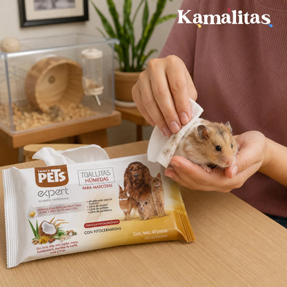 Manos sosteniendo a un pequeño hámster mientras se limpia su pelaje con una toallita húmeda de extractos naturales, garantizando una nutrición óptima y un pH adecuado para roedores, en Kamalitas.