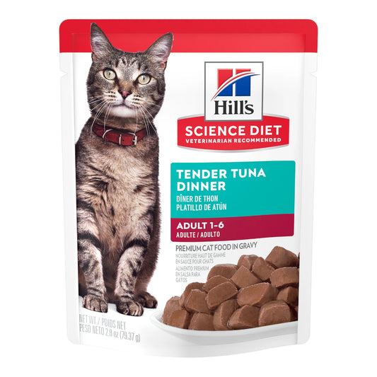 Empaque de Hill's Alimento Húmedo para Gato Adulto Receta Atún de 79g, ideal para consentir paladares exigentes con tiernos trozos en salsa.