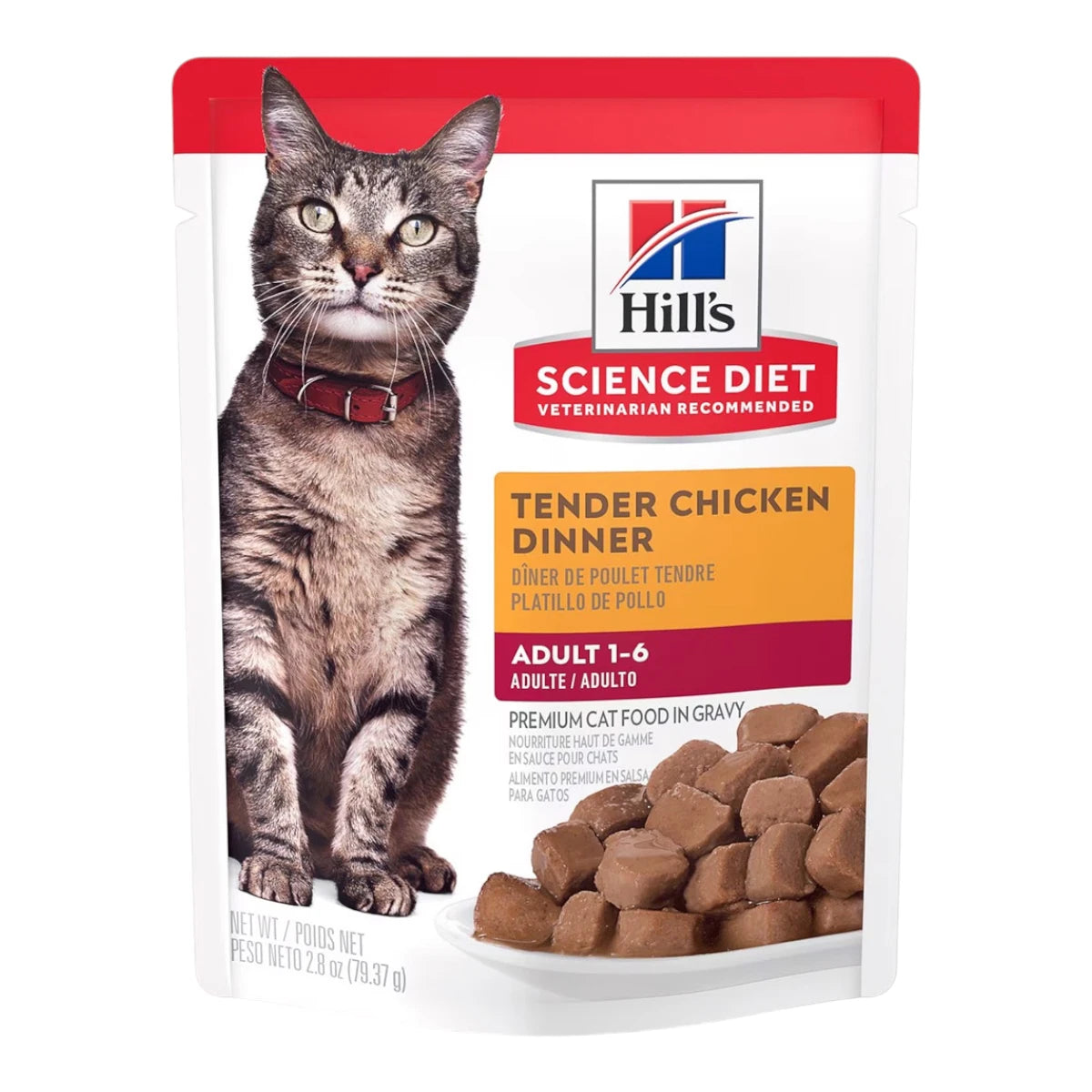 Pouch de 79g de Hill's Alimento Húmedo para Gato Adulto Receta Pollo, ideal para consentir paladares exigentes con tiernos trozos en salsa.
