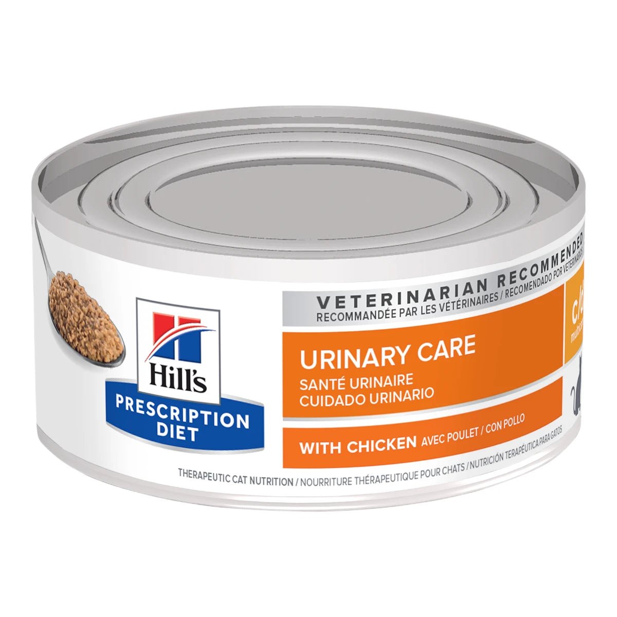 Lata de alimento húmedo Hill's Prescription Diet c/d Multicare sabor pollo para salud urinaria de gatos.