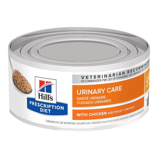 Lata de alimento húmedo Hill's Prescription Diet c/d Multicare sabor pollo para salud urinaria de gatos.