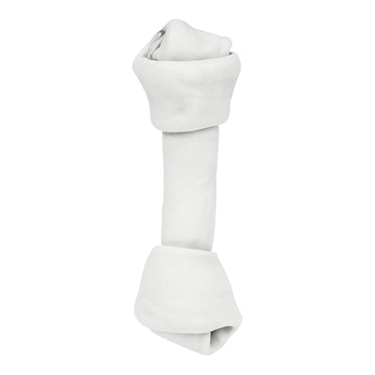 Hueso de carnaza de res color blanco con forma de nudo, diseñado para entretener al perro mientras limpia los dientes y reduce el sarro.