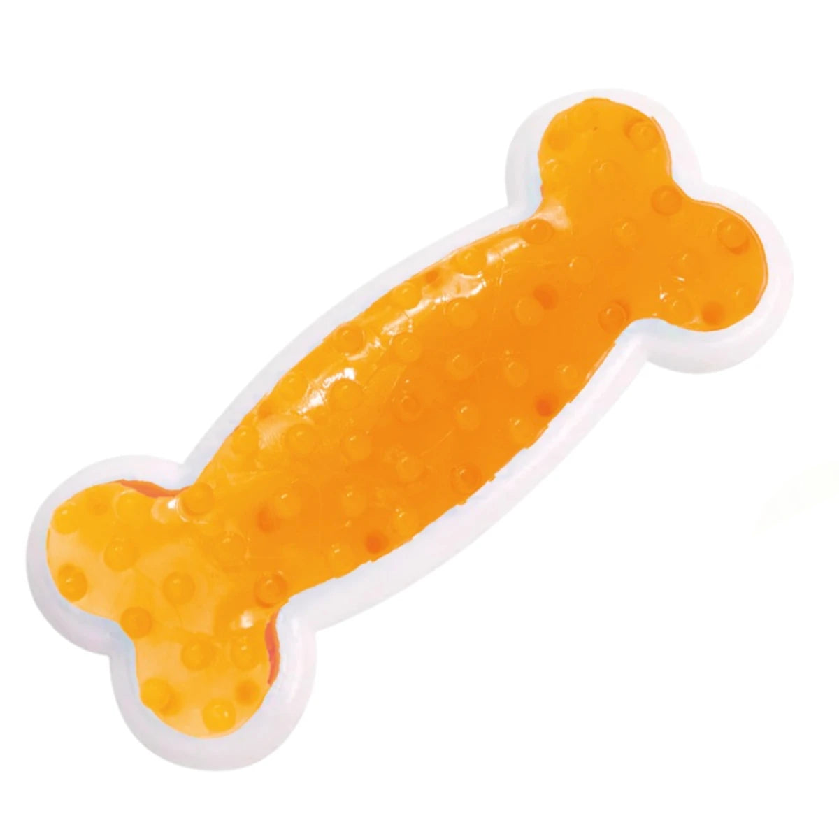 Detalle del hueso para perro color naranja y blanco con protuberancias de hule diseñadas para masajear encías y limpiar dientes, en Kamalitas.