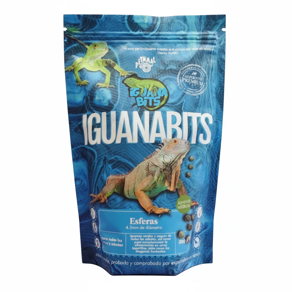 Envase de 300g de Iguanabits Petmmal, alimento para iguanas verdes, negras y dragones barbados.