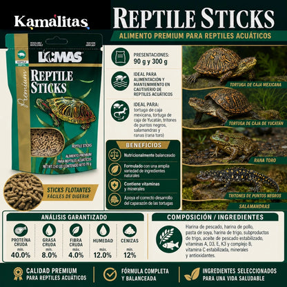 Infografía de Lomas Reptile Sticks que muestra el 40% de proteína cruda, ingredientes como harina de pescado y pollo, y las especies ideales para su consumo.