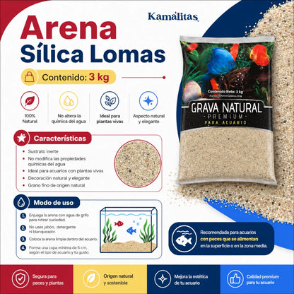 Infografía de arena sílica Lomas 3 kg para acuario con características, beneficios y modo de uso: enjuagar, no usar jabón y colocar capa mínima de 5 cm