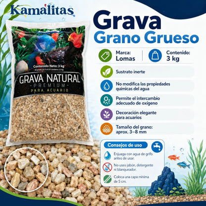 Infografía con consejos de uso y características de la grava de grano grueso inerte marca Lomas de tres kilogramos, en Kamalitas.