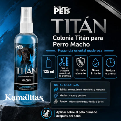 Infografía en español del perfume Titán para perro, detallando sus notas olfativas de salida como menta y limón, corazón de cedro y fondo de madera ambarada con vainilla, en Kamalitas.