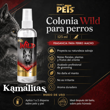 Infografía en español de la colonia Wild para perros de 125ml, detallando sus notas orientales, su fórmula no irritante que protege el manto y el modo de uso sobre pelo húmedo, en Kamalitas.