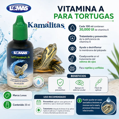 Infografía médica con los beneficios, concentraciones e instrucciones de uso recomendado de la vitamina A Lomas, en Kamalitas.