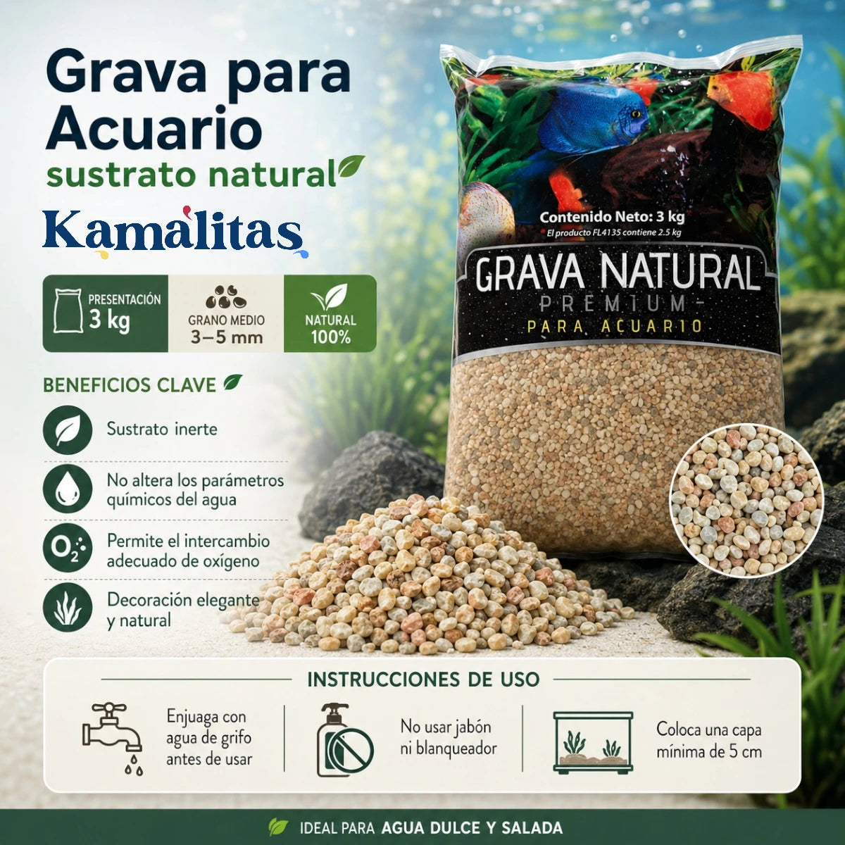 Infografía con beneficios clave y modo de uso del sustrato de grava natural de grano medio Lomas, en Kamalitas