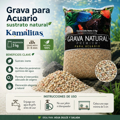 Infografía con beneficios clave y modo de uso del sustrato de grava natural de grano medio Lomas, en Kamalitas