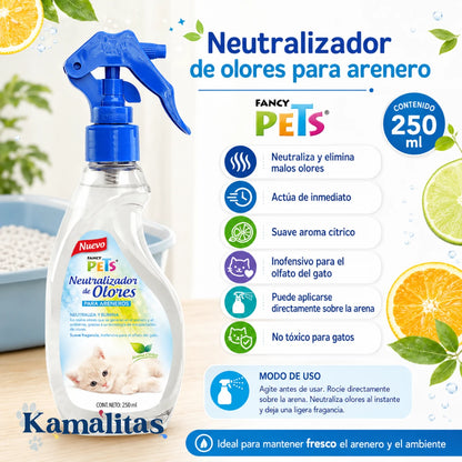 Infografía en español del neutralizador de olores Fancy Pets de 250ml, donde se destacan sus beneficios de encapsulación inmediata, su aroma cítrico inofensivo y su modo de uso directo, en Kamalitas.
