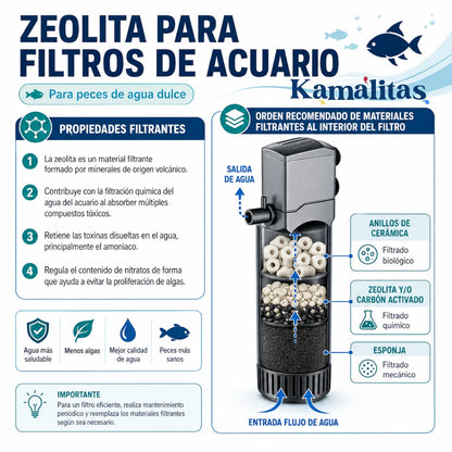 Infografía informativa sobre la zeolita para filtros de acuario de agua dulce, detallando sus 4 propiedades filtrantes y mostrando el orden recomendado de materiales dentro del filtro: anillos de cerámica, zeolita y esponja, en Kamalitas.