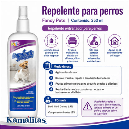 Infografía en español del repelente entrenador para perros Fancy Pets de 250 mililitros, que explica los beneficios para corregir hábitos, delimitar áreas y el modo de uso diario detallado, en Kamalitas.