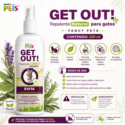 Infografía completa en español del repelente Get Out! de Fancy Pets de 250 mililitros, detallando sus beneficios herbales, ingredientes naturales y modo de uso numerado para evitar el marcaje territorial, en Kamalitas.