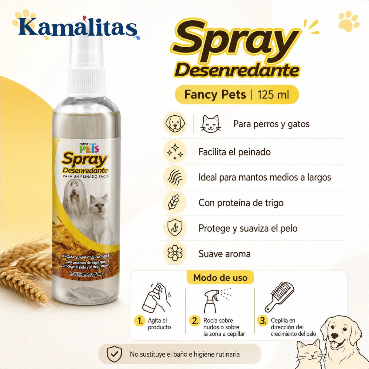 Infografía en español del spray desenredante Fancy Pets de 125ml, que detalla sus beneficios con proteína de trigo, su idoneidad para mantos largos y el modo de uso en tres pasos sencillos, en Kamalitas.