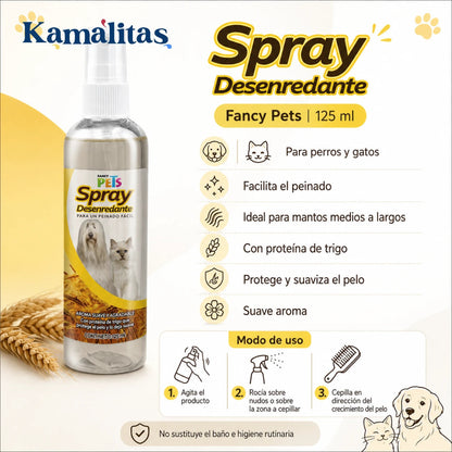 Infografía en español del spray desenredante Fancy Pets de 125ml, que detalla sus beneficios con proteína de trigo, su idoneidad para mantos largos y el modo de uso en tres pasos sencillos, en Kamalitas.