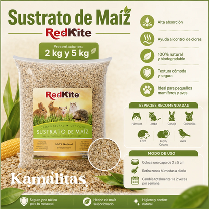 Infografía en español del sustrato de maíz RedKite de 2kg y 5kg, que muestra de manera gráfica las especies recomendadas como cobayas y conejos, junto con su modo de uso correcto para el mantenimiento del hábitat, en Kamalitas.