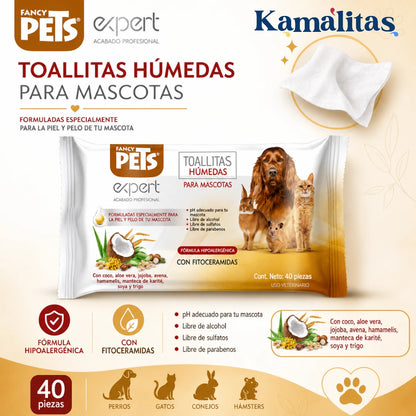 Infografía en español de las toallitas húmedas Expert Fancy Pets de 40 piezas, detallando sus ingredientes como coco y avena, su fórmula libre de sulfatos y las especies recomendadas como perros, gatos y conejos, en Kamalitas.