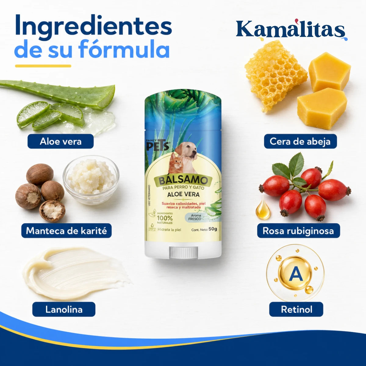 Ingredientes del bálsamo Fancy Pets con aloe vera, cera de abeja, manteca de karité, lanolina y rosa rubiginosa.