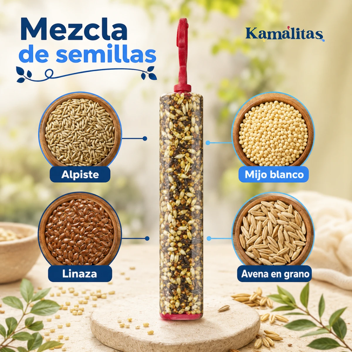 Mezcla de alpiste, mijo blanco, linaza y avena en grano utilizada en las barritas RedKite para aves