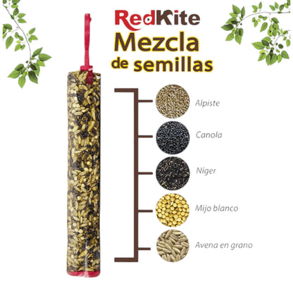 Infografía de la mezcla de semillas de la barrita RedKite destacando el alpiste, canola, níger, mijo blanco y avena en grano.