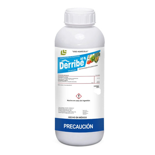 Frasco de insecticida Derribe 40 de 100ml para control de plagas en cultivos de cítricos y hortalizas.
