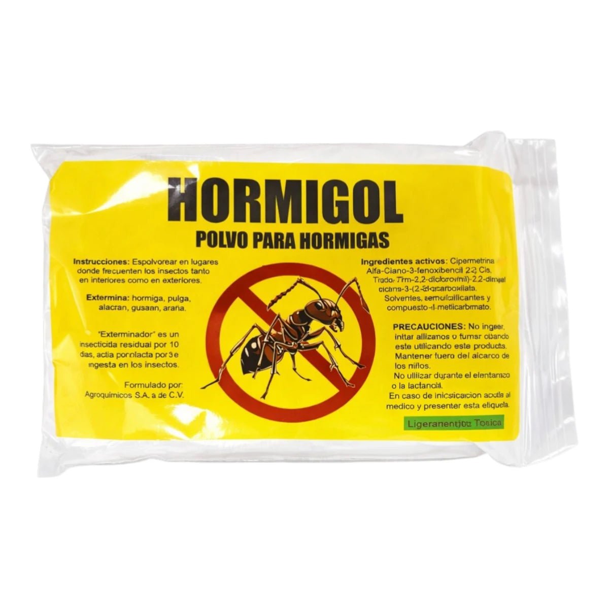 Bolsa de insecticida en polvo Hormigol de 100g para el control de hormigas, alacranes y chinches en interiores y exteriores.