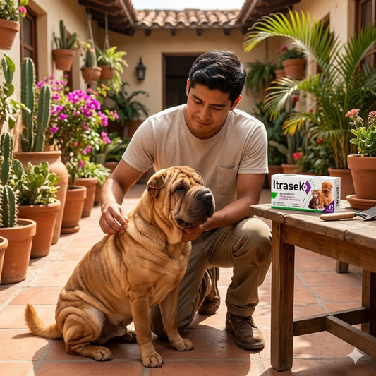 Un joven revisando con cariño la piel recuperada y sana de su Shar Pei en el patio de una casa mexicana, con la caja de Itrasek 100mg de Chinoin visible sobre una mesa de jardín.