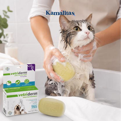 Jabon dermatologico Vetriderm Elanco en presentacion de 100 g siendo utilizado en un gato, ideal para la limpieza de la piel y el cuidado dermatologico felino.