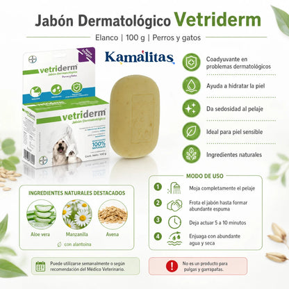Infografia del jabon dermatologico Vetriderm Elanco en presentacion de 100 g, ideal para el cuidado de la piel y la higiene dermatologica de perros y gatos.