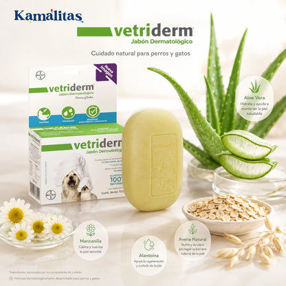 Jabon dermatologico Vetriderm Elanco en presentacion de 100 g con enfoque en sus ingredientes naturales, ideal para el cuidado de la piel de perros y gatos.