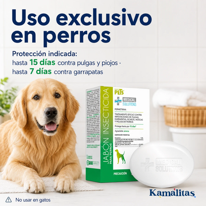 Jabón insecticida con permetrina para uso exclusivo en perros y protección indicada en el empaque.