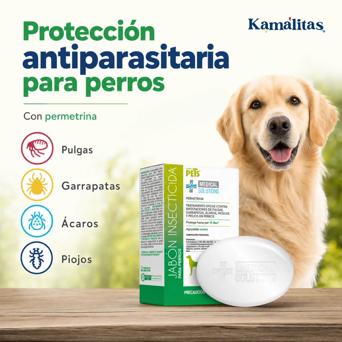 Perro junto al jabón insecticida indicado contra infestaciones de pulgas, garrapatas, ácaros y piojos.