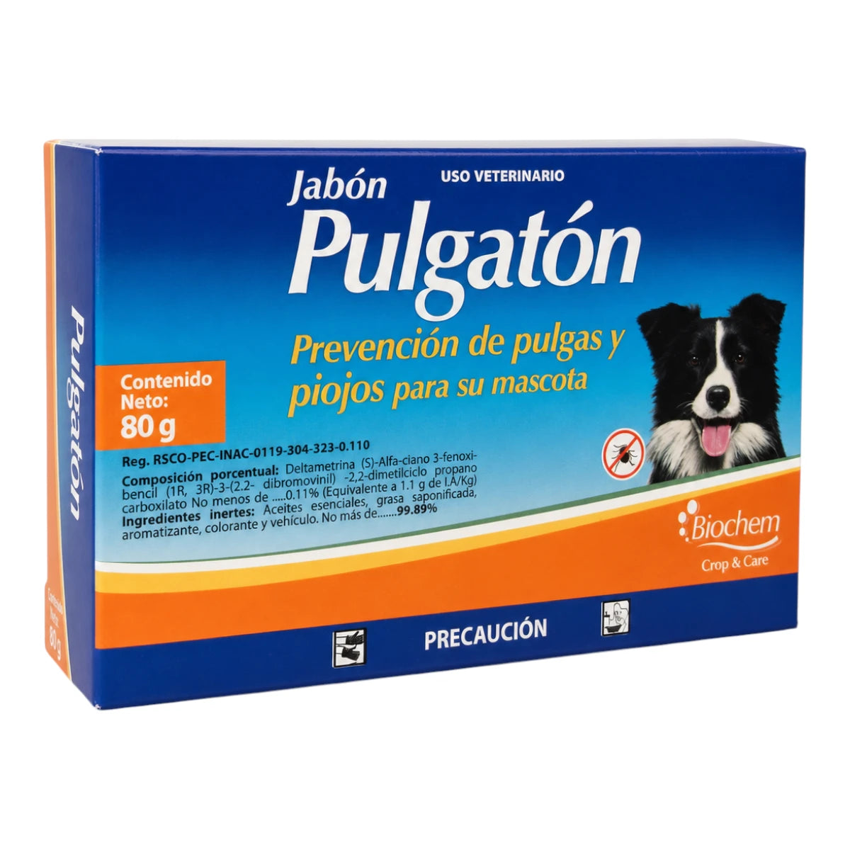 Caja de Jabón Pulgatón de Laboratorio Biochem de 80 g, barra antiparasitaria de uso veterinario con Deltametrina para la prevención de pulgas y piojos en mascotas.